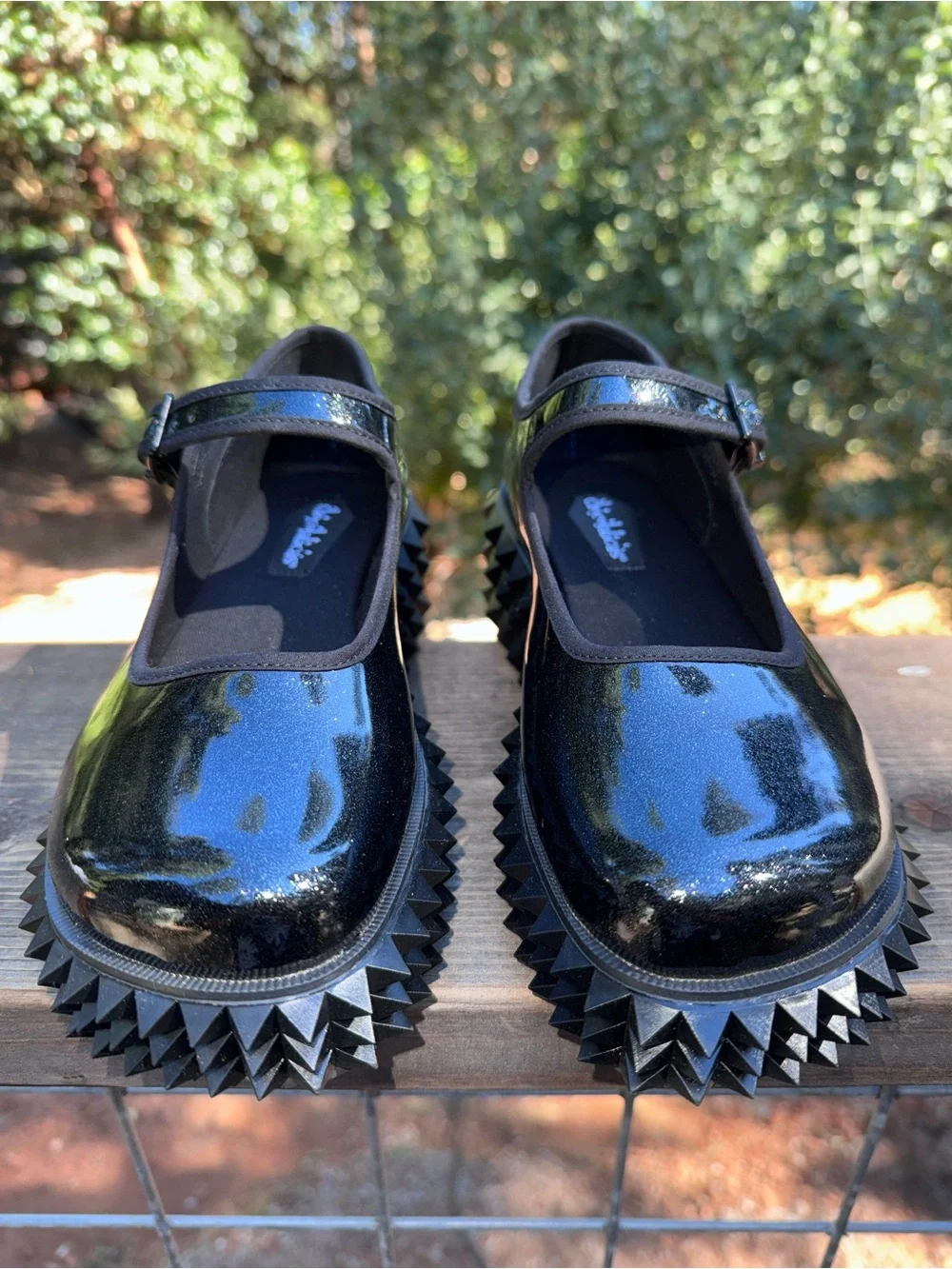 Choclaticas Black Cobra Patent Platform Mary Janes with Geometric Stud Sole